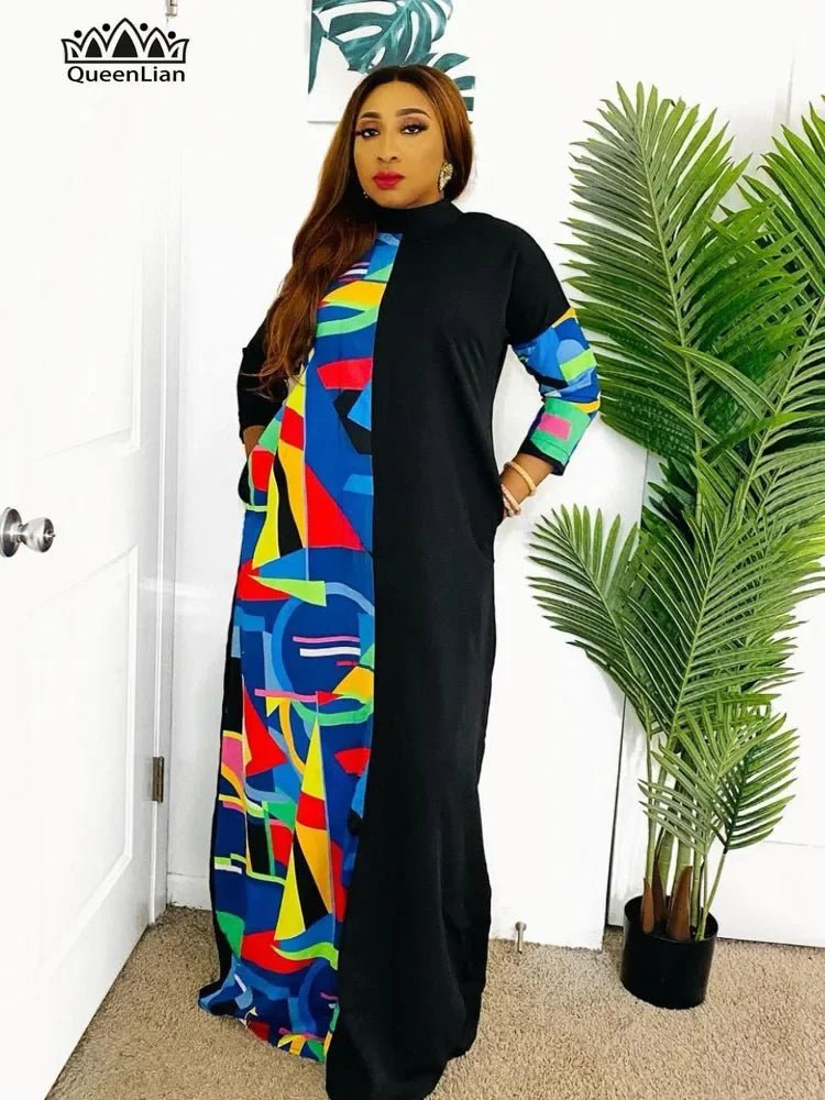 African Women's High Collar Long Sleeve Dress – Colorful Double Panel Elastic Fashion Dress - Free Delivery Worldwide only at Flexi Africa