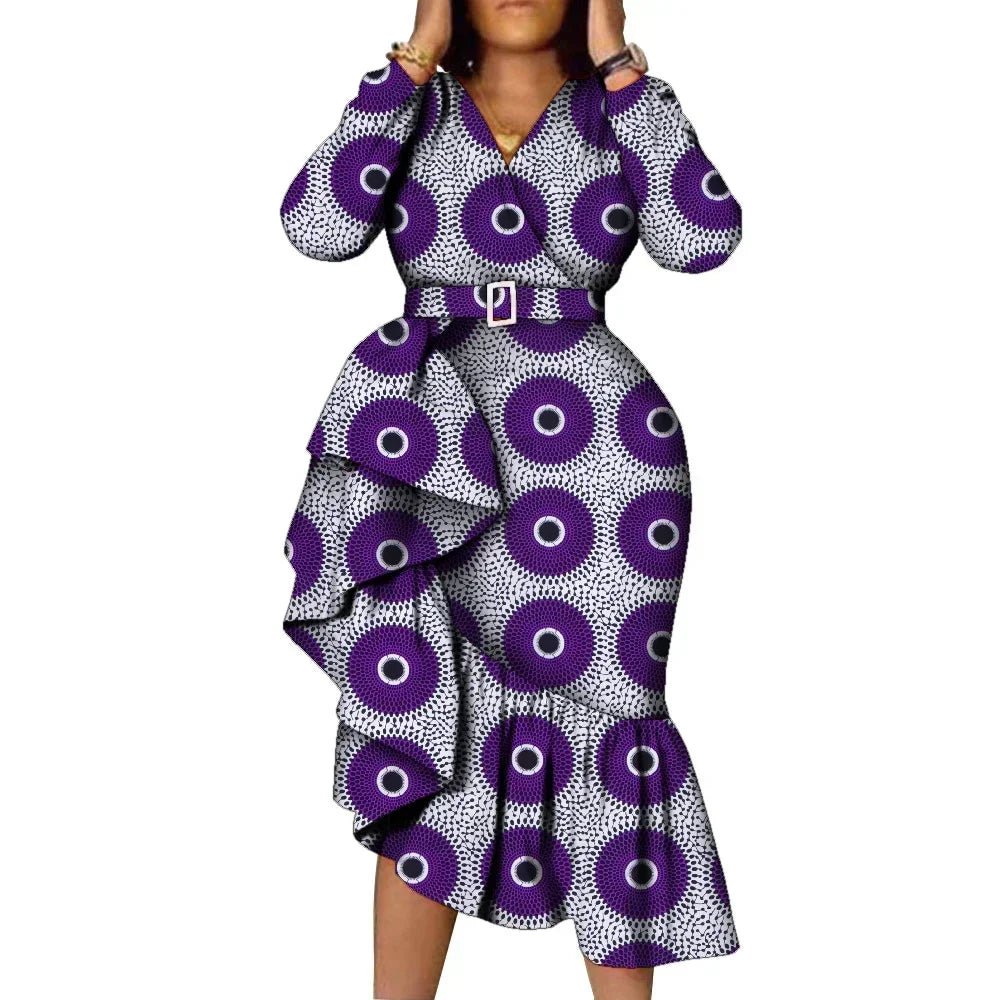 African Women’s Long Sleeve Dress – Wax Print Kitenge Ruffle Design with Irregular Hem Party Gown - Free Delivery Worldwide only at Flexi Africa
