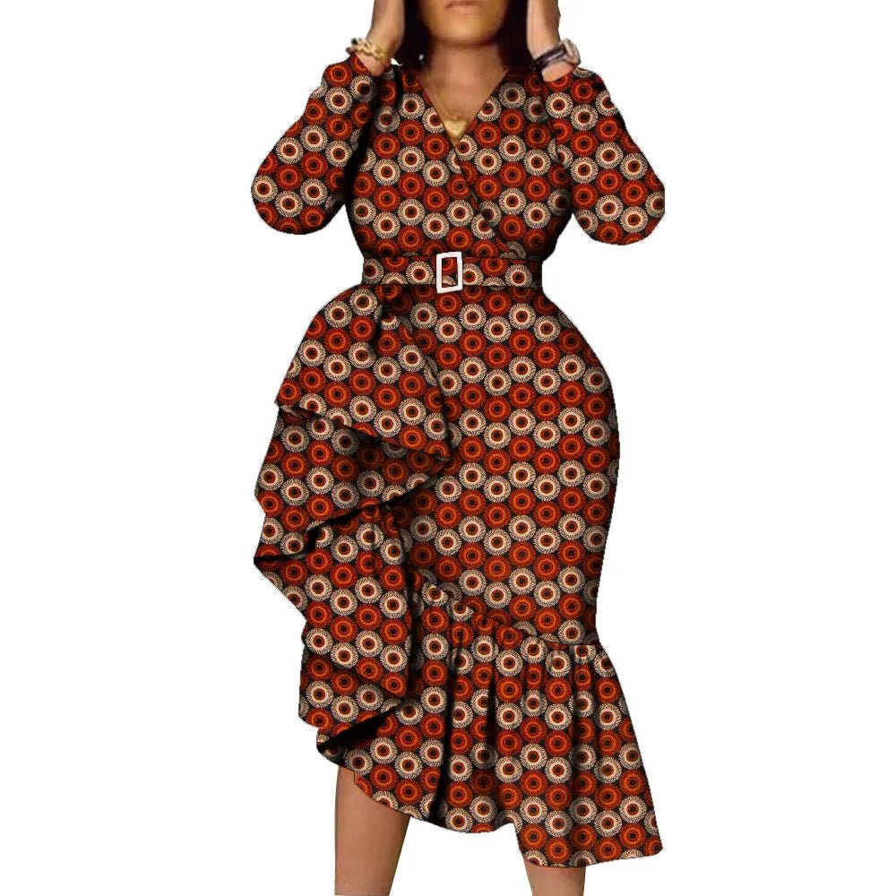 African Women’s Long Sleeve Dress – Wax Print Kitenge Ruffle Design with Irregular Hem Party Gown - Free Delivery Worldwide only at Flexi Africa