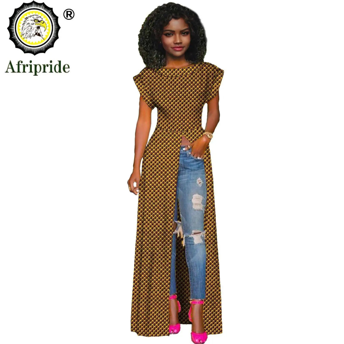 African Women's Long Trench Coat – Short Sleeve Bazin Riche Overcoat - Free Delivery Worldwide only at Flexi Africa