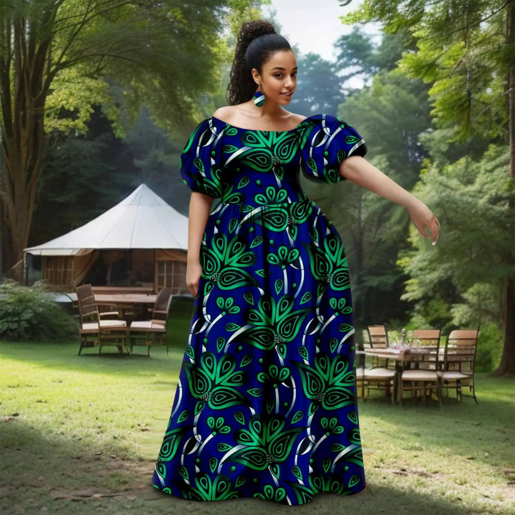 African Women’s Strapless Dress with Bubble Sleeves & Matching Earrings - Free Delivery Worldwide only at Flexi Africa