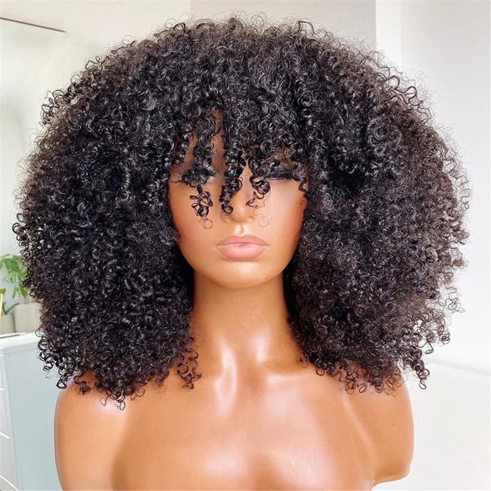 Afro Kinky Curly Human Hair Wigs with Bangs Wear to go Glueless Wig Remy Short Curly Bangs Wig Human Hair - Flexi Africa - Free Delivery Worldwide only at www.flexiafrica.com