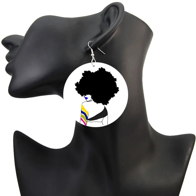 Afro Natural Hair Painted Wood Drop Earrings Lovely Baby Headwrap Woman African Queen Black Soul Art Printable Jewelry