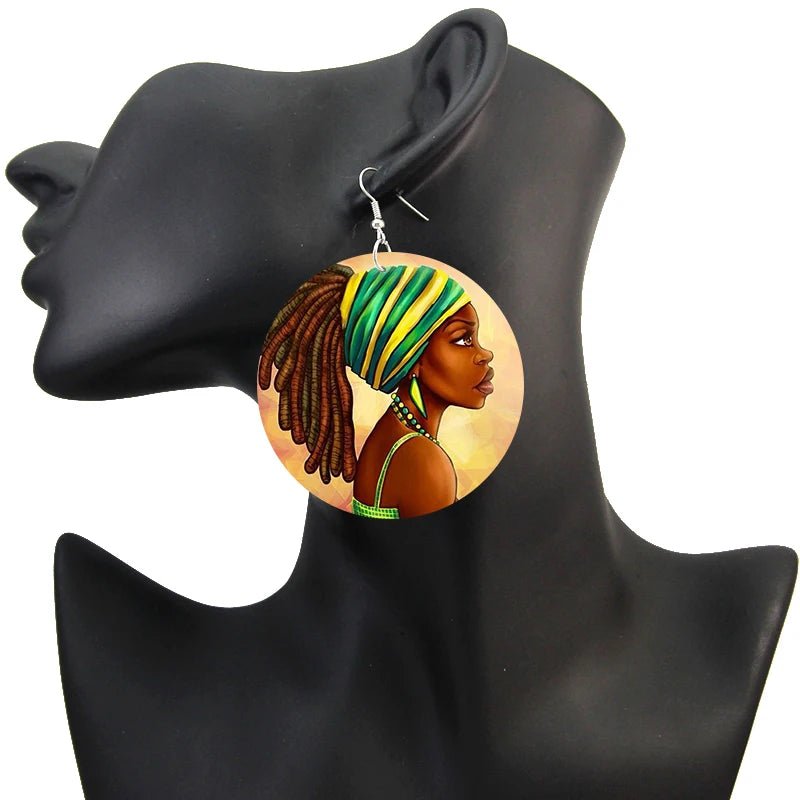 Afro Natural Hair Painted Wood Drop Earrings Lovely Baby Headwrap Woman African Queen Black Soul Art Printable Jewelry