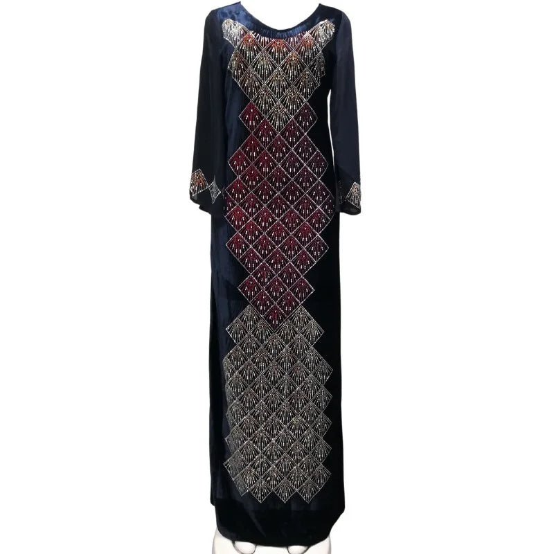 Autumn African-inspired Maxi Dress: Dashiki Abaya Style with Elegant Diamond Accents - Flexi Africa - Flexi Africa offers Free Delivery Worldwide - Vibrant African traditional clothing showcasing bold prints and intricate designs