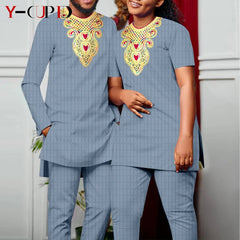 Bazin Riche Couple Outfit – Women’s Jacquard Top & Pants Set with Matching Men’s Kaftan Party Wear - Free Delivery Worldwide only at Flexi Africa