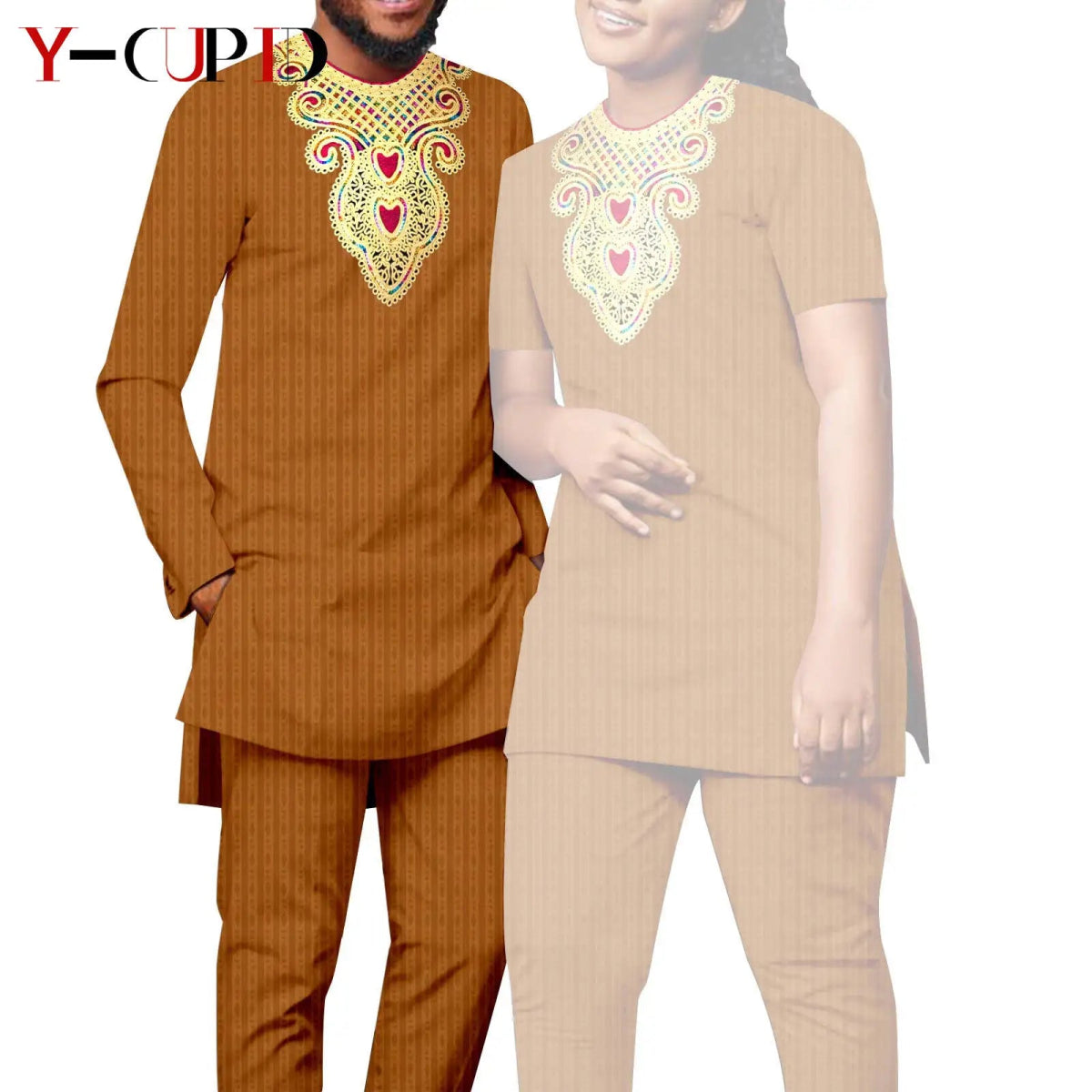 Bazin Riche Couple Outfit – Women’s Jacquard Top & Pants Set with Matching Men’s Kaftan Party Wear - Free Delivery Worldwide only at Flexi Africa