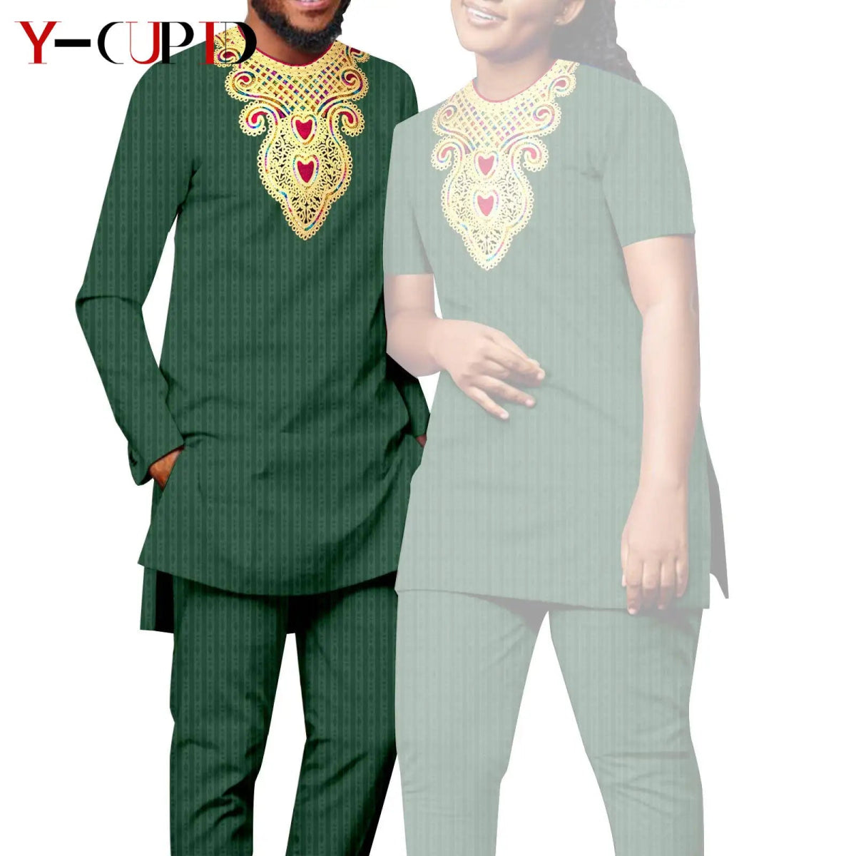 Bazin Riche Couple Outfit – Women’s Jacquard Top & Pants Set with Matching Men’s Kaftan Party Wear - Free Delivery Worldwide only at Flexi Africa