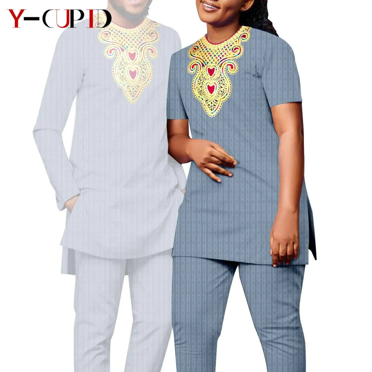 Bazin Riche Couple Outfit – Women’s Jacquard Top & Pants Set with Matching Men’s Kaftan Party Wear - Free Delivery Worldwide only at Flexi Africa