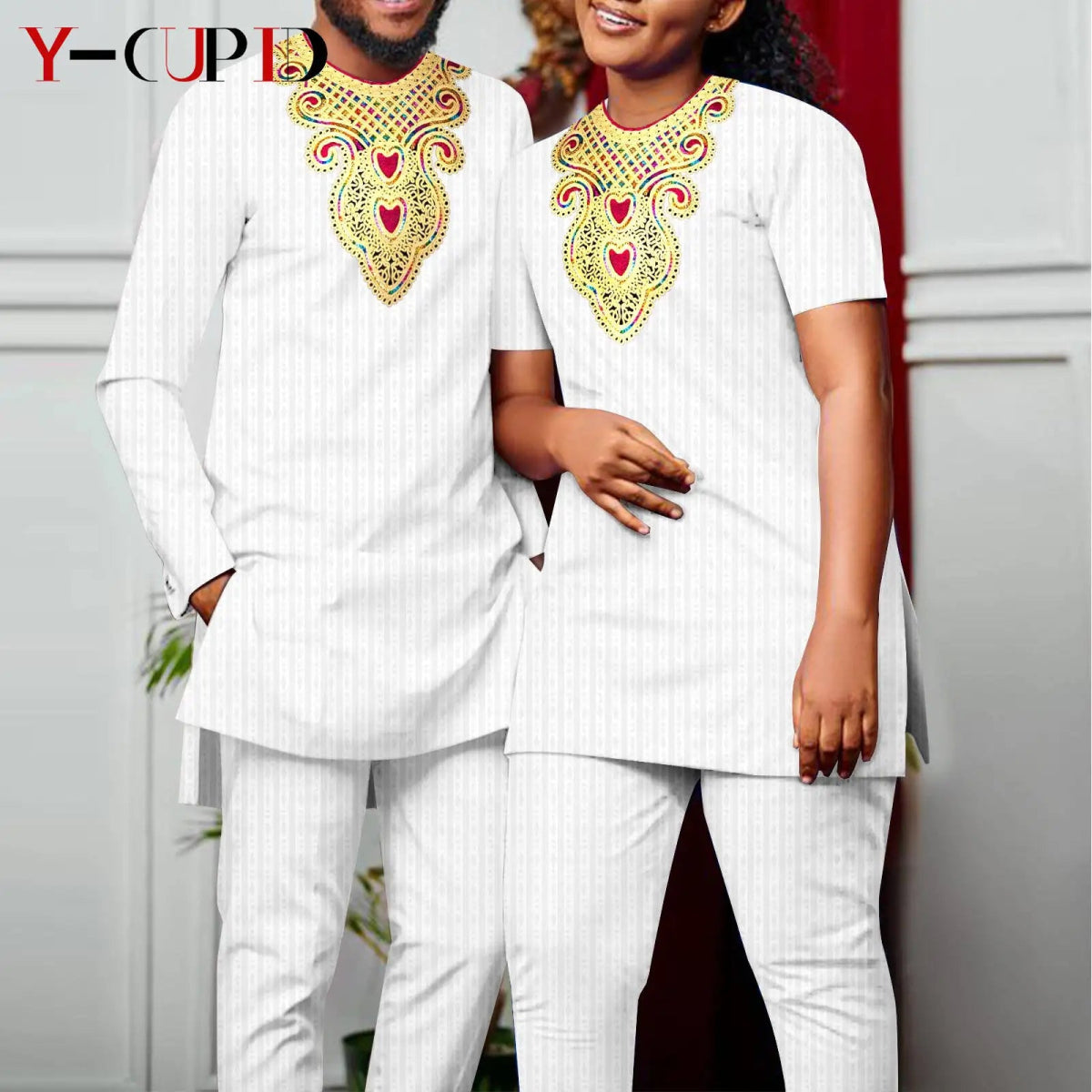 Bazin Riche Couple Outfit – Women’s Jacquard Top & Pants Set with Matching Men’s Kaftan Party Wear - Free Delivery Worldwide only at Flexi Africa
