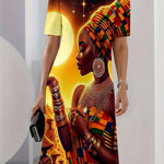 Black History Month Full Print Dress – African Woman with Moon Background, Crew Neck Maxi - Free Delivery Worldwide only at Flexi Africa