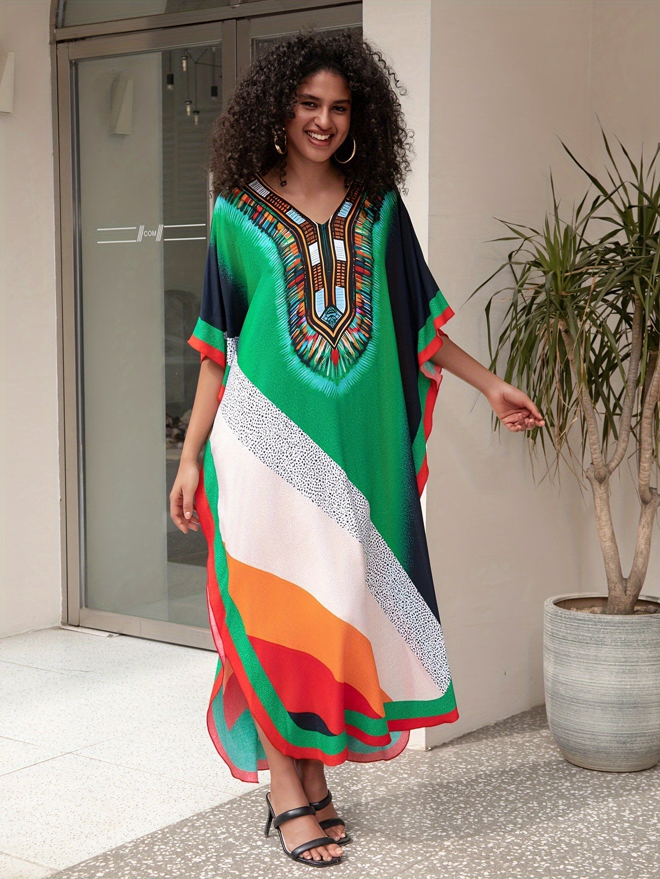 Caftan Dress Plus Size Boho Beach Cover - Up, Multi - Color Tribal Print - Free Delivery Worldwide only at Flexi Africa