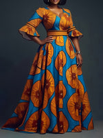 Chic V - Neck Printed Dress – Flare Sleeves & Slim - Fit Zipper Waist - Free Delivery Worldwide only at Flexi Africa