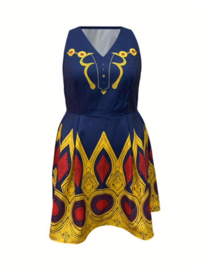 Curvy Fit Printed V - Neck Sleeveless Waist Dress - Free Delivery Worldwide only at Flexi Africa