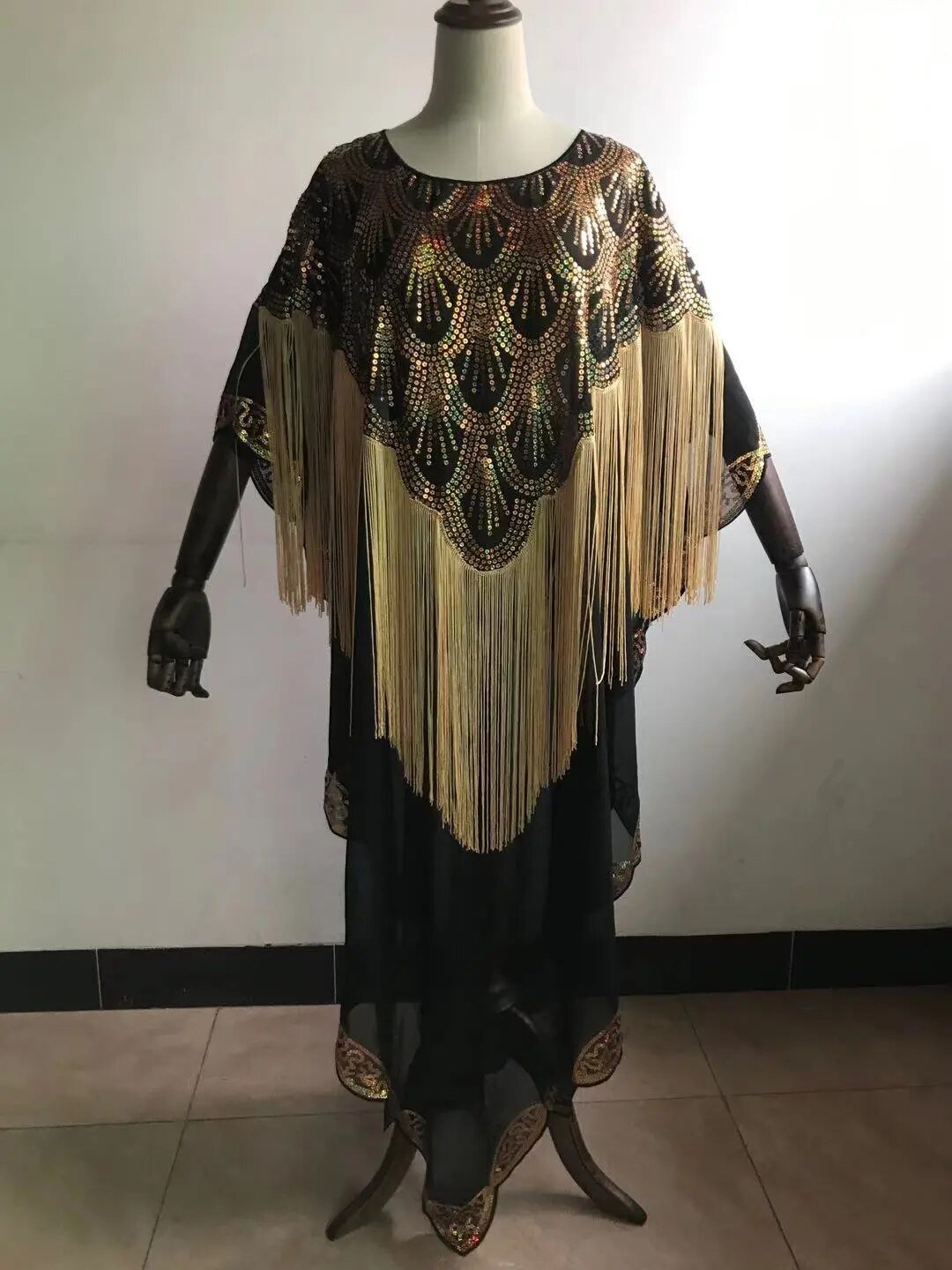 Dashiki Abaya: Timeless African Elegance in Chiffon with Tassel Sequins - Flexi Africa - Flexi Africa offers Free Delivery Worldwide - Vibrant African traditional clothing showcasing bold prints and intricate designs