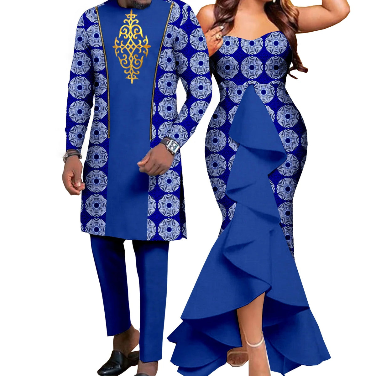 Dashiki African Couple Wedding Set – Women’s Mermaid Dress & Matching Men’s Bazin Riche Shirt and Pants - Free Delivery Worldwide only at Flexi Africa