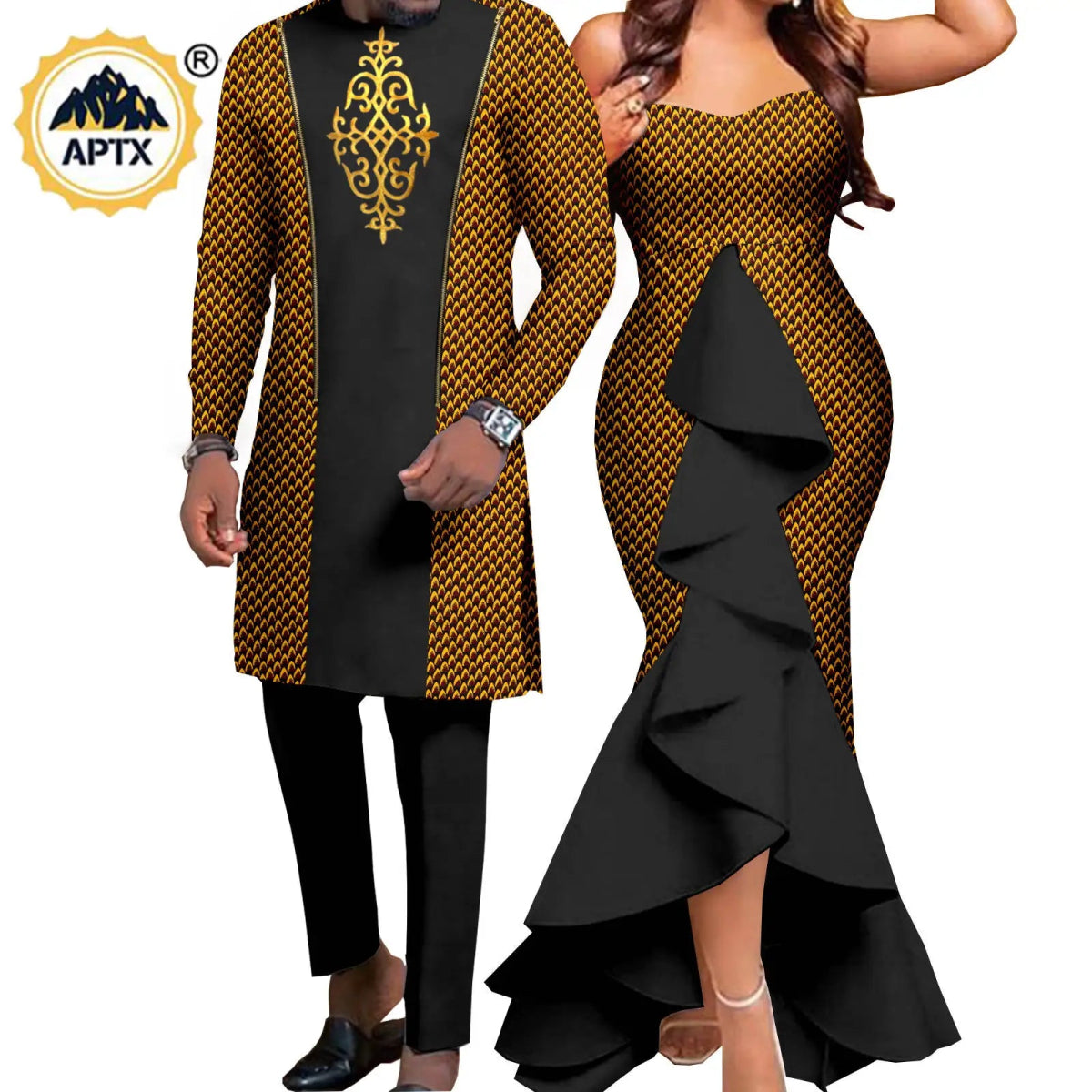 Dashiki African Couple Wedding Set – Women’s Mermaid Dress & Matching Men’s Bazin Riche Shirt and Pants - Free Delivery Worldwide only at Flexi Africa