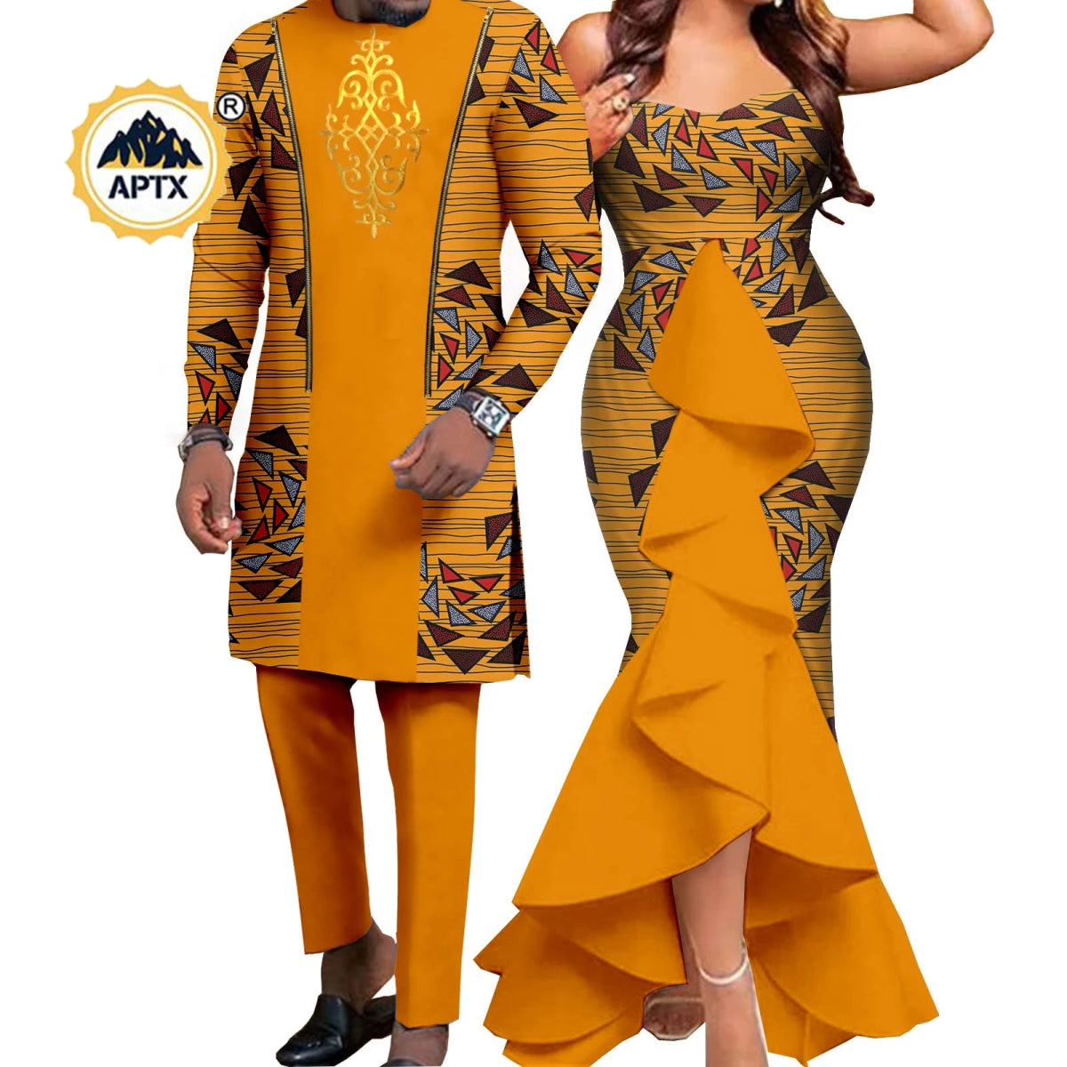 Dashiki African Couple Wedding Set – Women’s Mermaid Dress & Matching Men’s Bazin Riche Shirt and Pants - Free Delivery Worldwide only at Flexi Africa