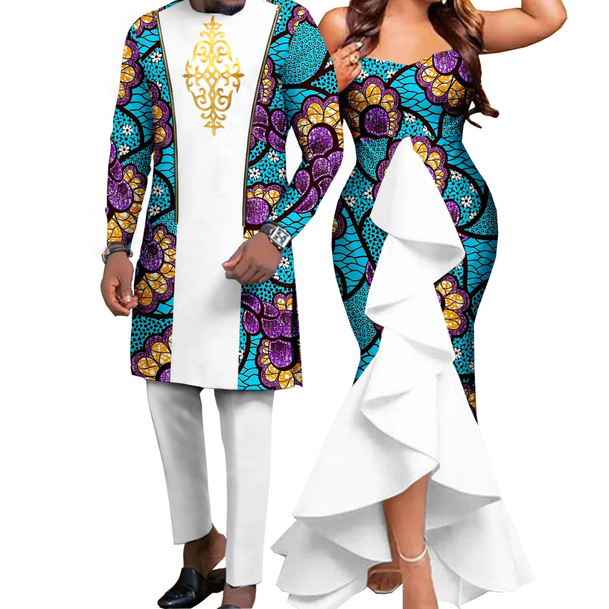 Dashiki African Couple Wedding Set – Women’s Mermaid Dress & Matching Men’s Bazin Riche Shirt and Pants - Free Delivery Worldwide only at Flexi Africa