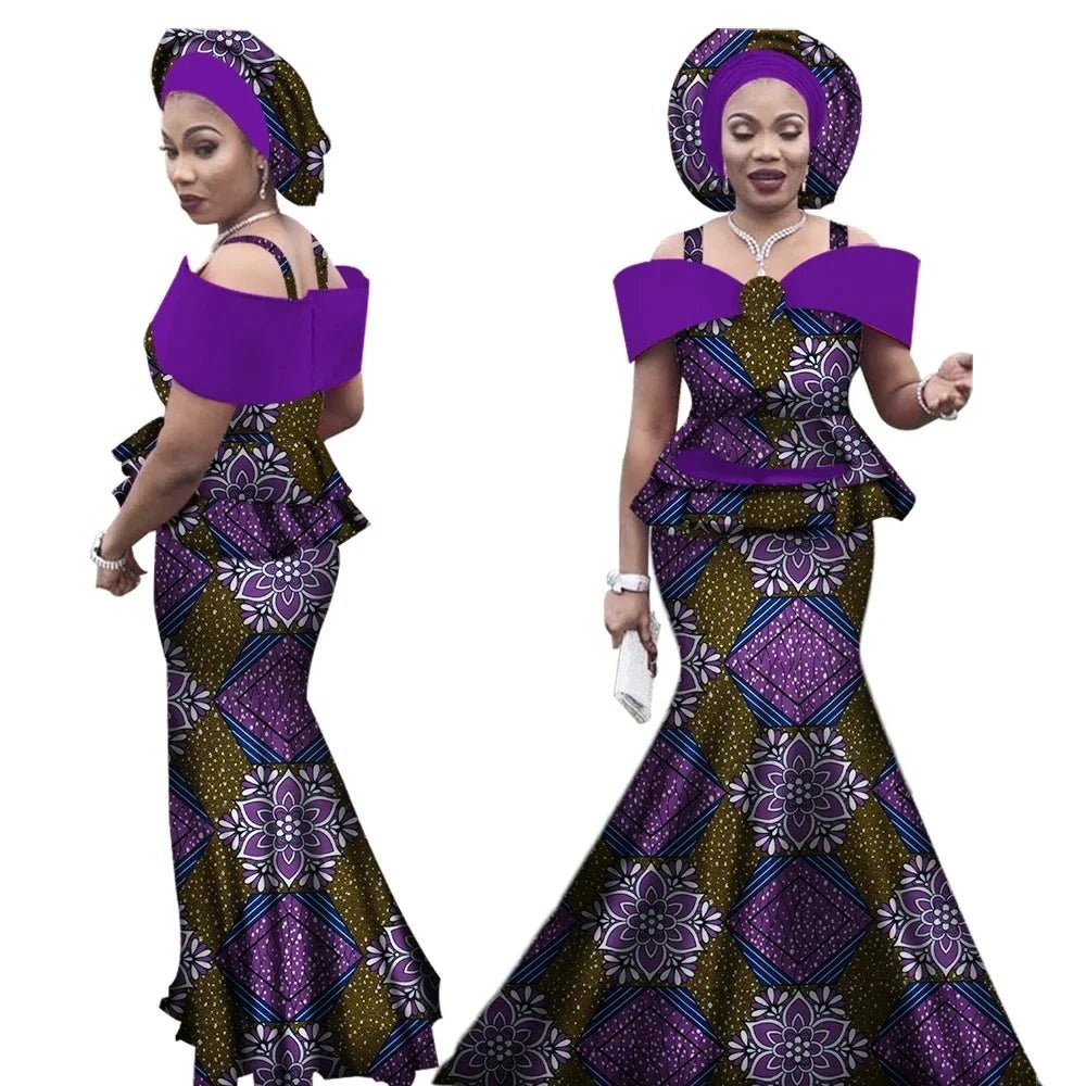 Dashiki Bazin Print Women's Set: Strap Top and Long Skirt with Headtie - Complete African Outfit Ensemble - Flexi Africa