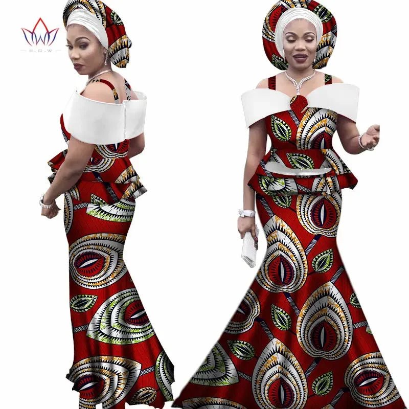 Dashiki Bazin Print Women's Set: Strap Top and Long Skirt with Headtie - Complete African Outfit Ensemble - Flexi Africa