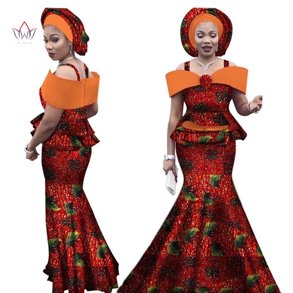 Dashiki Bazin Print Women's Set: Strap Top and Long Skirt with Headtie - Complete African Outfit Ensemble - Flexi Africa