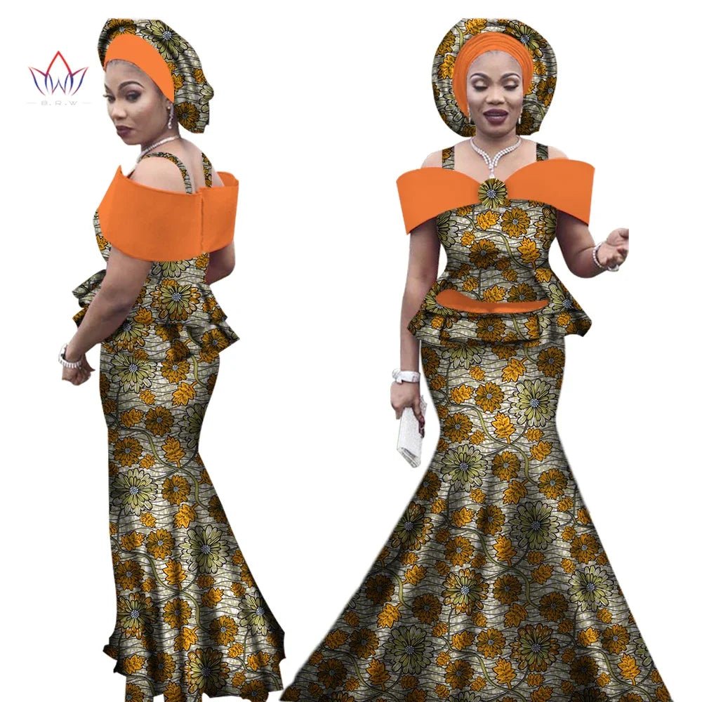 Dashiki Bazin Print Women's Set: Strap Top and Long Skirt with Headtie - Complete African Outfit Ensemble - Flexi Africa