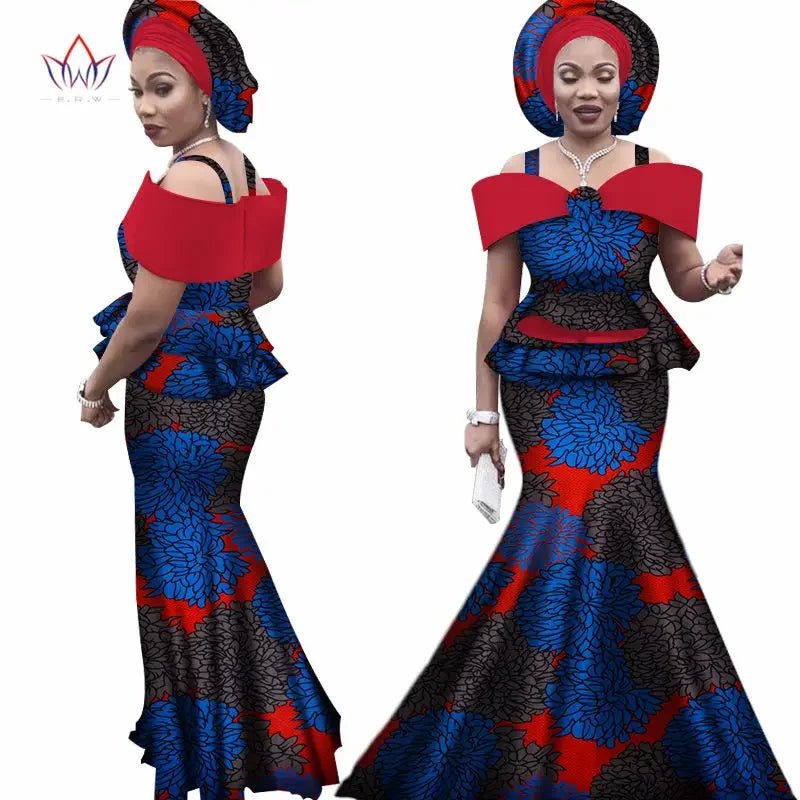 Dashiki Bazin Print Women's Set: Strap Top and Long Skirt with Headtie - Complete African Outfit Ensemble - Flexi Africa - Flexi Africa offers Free Delivery Worldwide - Vibrant African traditional clothing showcasing bold prints and intricate designs