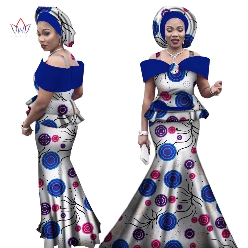 Dashiki Bazin Print Women's Set: Strap Top and Long Skirt with Headtie - Complete African Outfit Ensemble - Flexi Africa - Flexi Africa offers Free Delivery Worldwide - Vibrant African traditional clothing showcasing bold prints and intricate designs