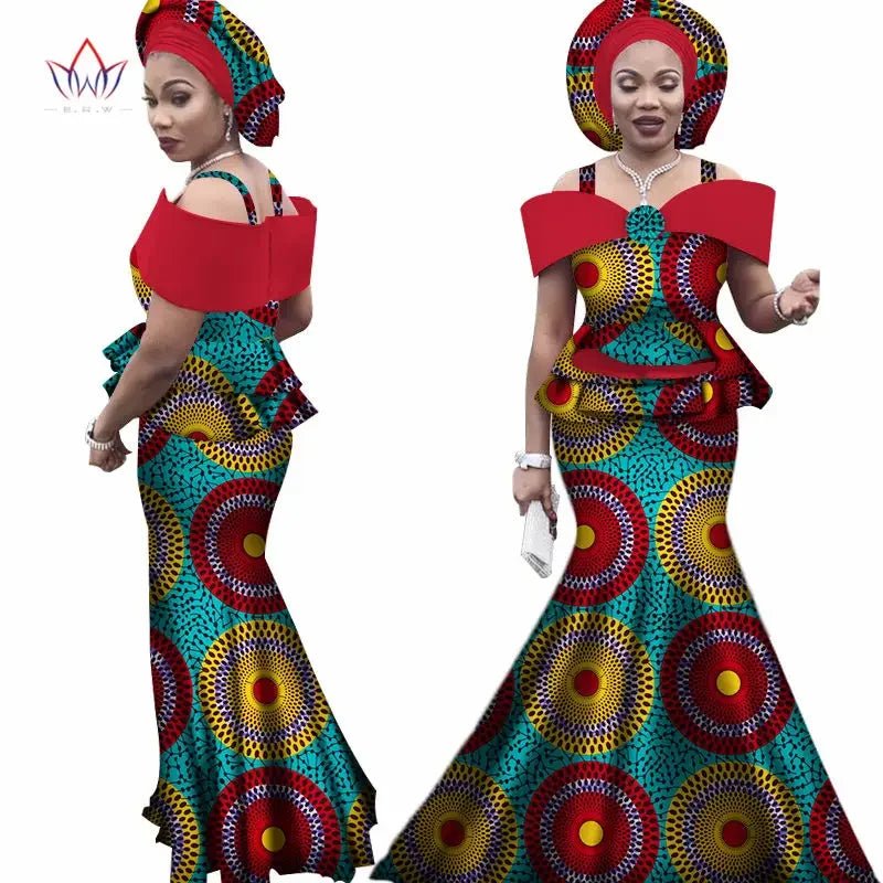 Dashiki Bazin Print Women's Set: Strap Top and Long Skirt with Headtie - Complete African Outfit Ensemble - Flexi Africa - Flexi Africa offers Free Delivery Worldwide - Vibrant African traditional clothing showcasing bold prints and intricate designs