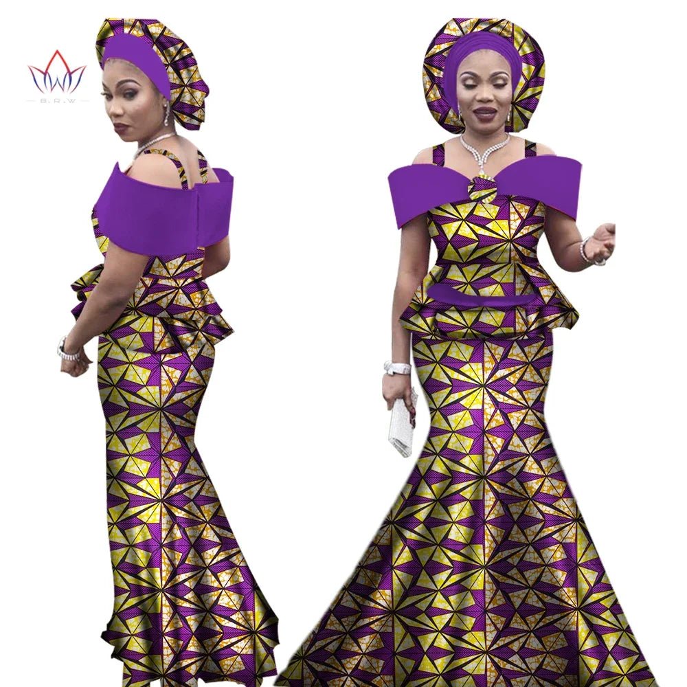 Dashiki Bazin Print Women's Set: Strap Top and Long Skirt with Headtie - Complete African Outfit Ensemble - Flexi Africa