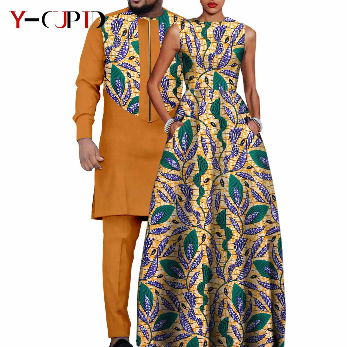 Dashiki Couple Outfit Set – Women’s African Dress with Men’s Bazin Riche Top and Pants for Special Occasions - Free Delivery Worldwide only at Flexi Africa
