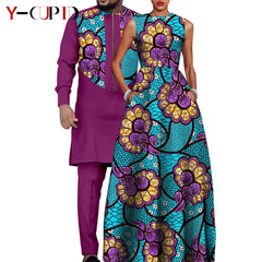 Dashiki Couple Outfit Set – Women’s African Dress with Men’s Bazin Riche Top and Pants for Special Occasions - Free Delivery Worldwide only at Flexi Africa
