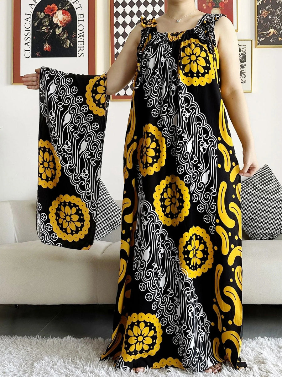 Dashiki Maxi Elegance: Sleeveless Cotton Summer Dress with Matching Scar - Free Delivery Worldwide only at Flexi Africa