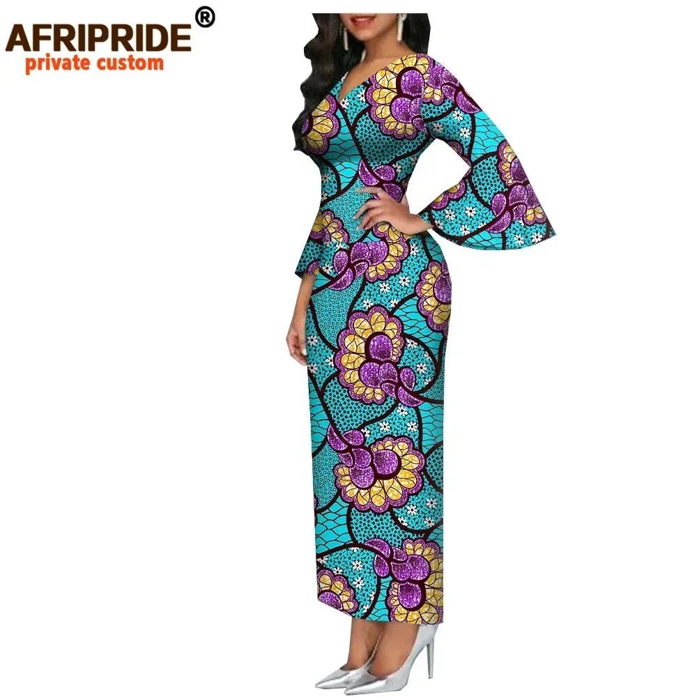 Dashiki Print Bodycon Maxi Dress – Women’s African V - Neck Flare Sleeve Party & Formal Gown - Free Delivery Worldwide only at Flexi Africa