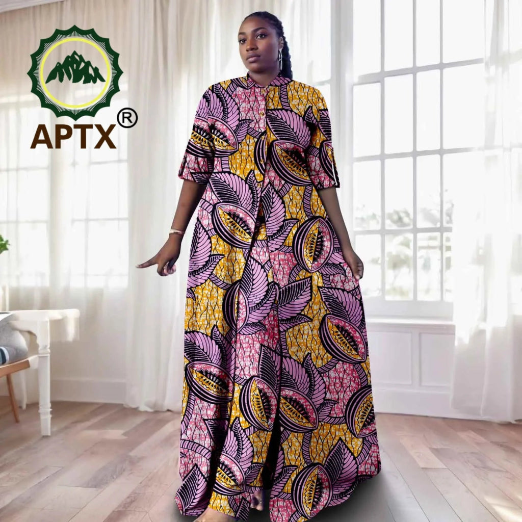 Elegant African Ankara 2 - Piece Set for Women – Floor - Length Dress, Long Coat & Pants Casual Suit - Free Delivery Worldwide only at Flexi Africa