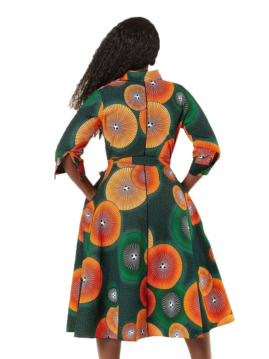 Elegant African - Inspired Geometric Print Midi Shirt Dress – V - Neck, Fitted Fall Style - Free Delivery Worldwide only at Flexi Africa