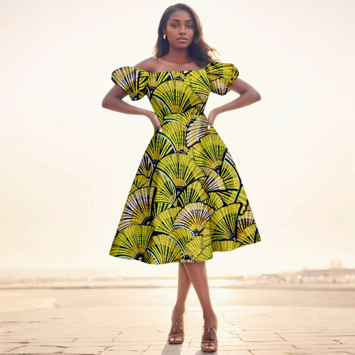 Elegant African Midi Dress – High - Waist Ankara Fashion Wear with Short Sleeves - Free Delivery Worldwide only at Flexi Africa