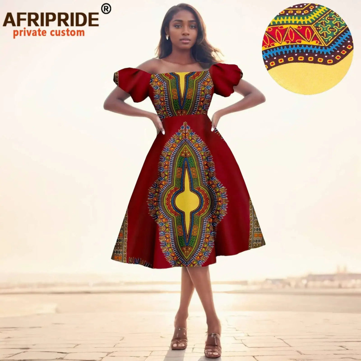 Elegant African Midi Dress – High - Waist Ankara Fashion Wear with Short Sleeves - Free Delivery Worldwide only at Flexi Africa
