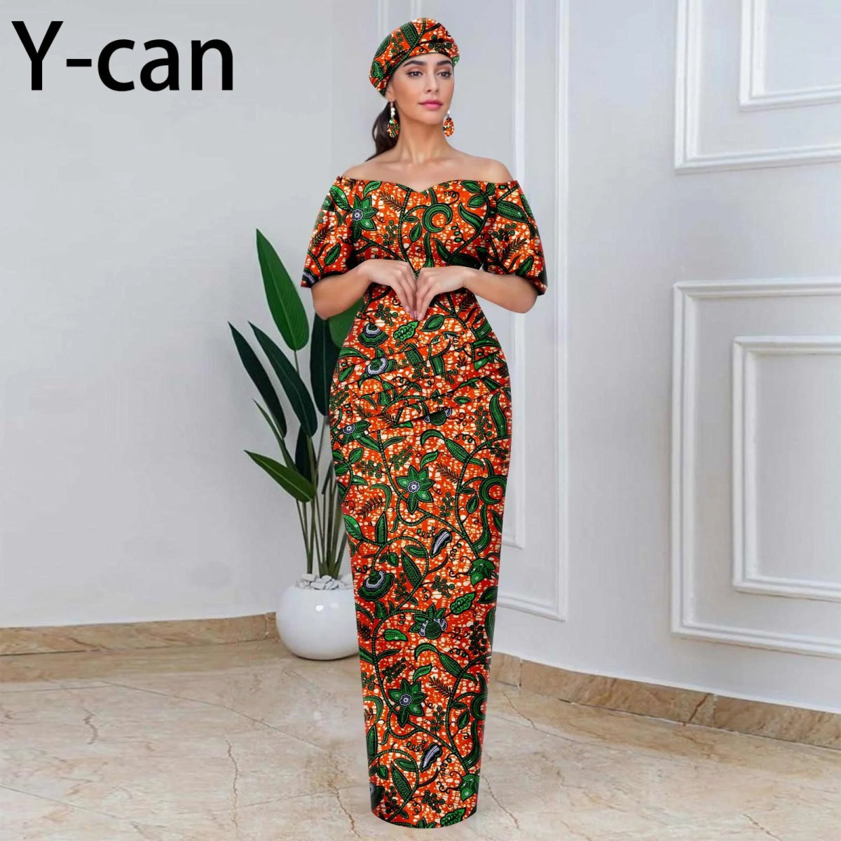 Elegant African Off - Shoulder Maxi Dress with Matching Headscarf & Earrings - Free Delivery Worldwide only at Flexi Africa