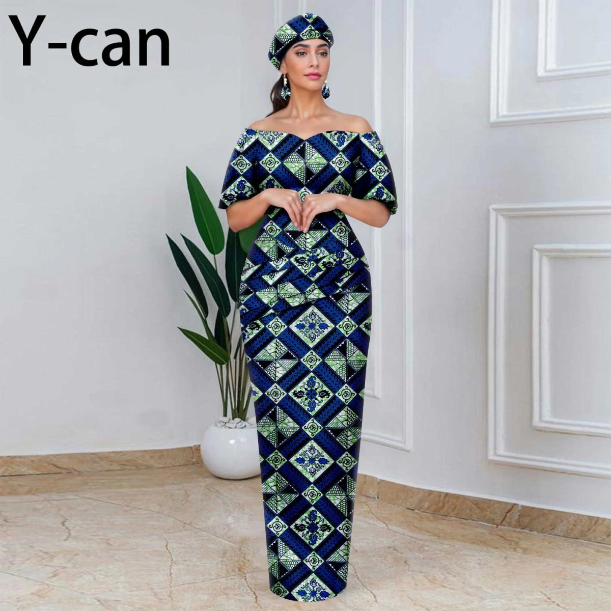 Elegant African Off - Shoulder Maxi Dress with Matching Headscarf & Earrings - Free Delivery Worldwide only at Flexi Africa