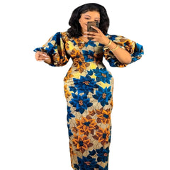 Elegant African Print Dresses for Women - V - Neck, Short Lantern Sleeve, High Waist Party and Wedding Gowns - Free Delivery Worldwide only at Flexi Africa