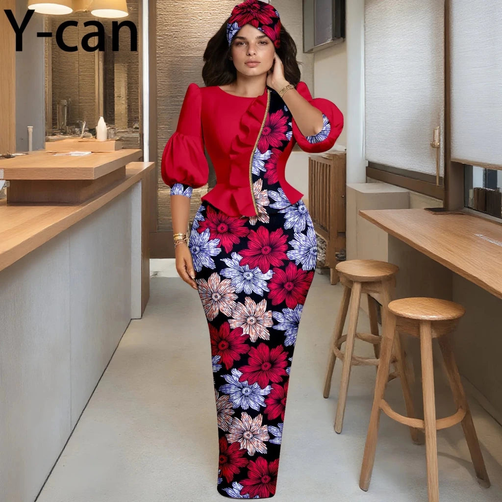 Elegant African Skirt Set – Lantern Sleeve Ruffled Top, Slim Skirt & Matching Headwrap - Free Delivery Worldwide only at Flexi Africa