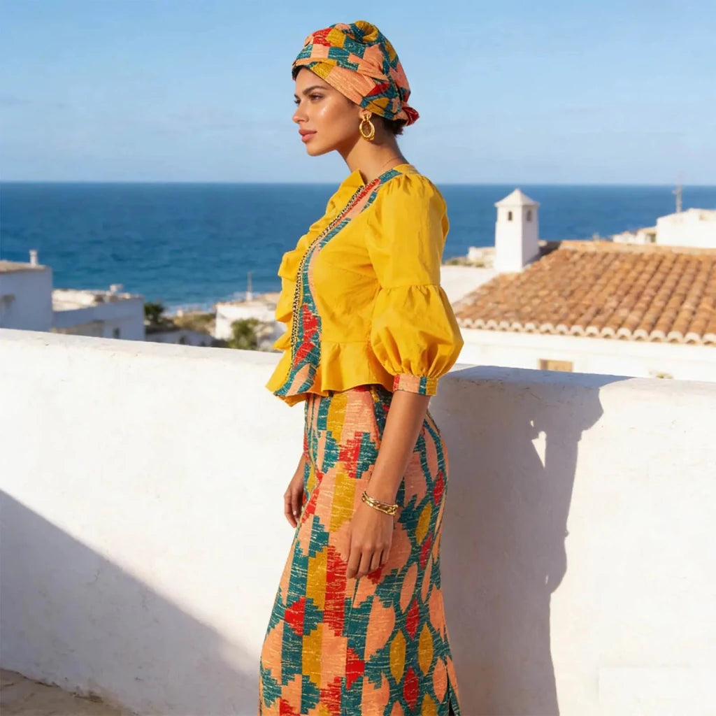 Elegant African Skirt Set – Lantern Sleeve Ruffled Top, Slim Skirt & Matching Headwrap - Free Delivery Worldwide only at Flexi Africa