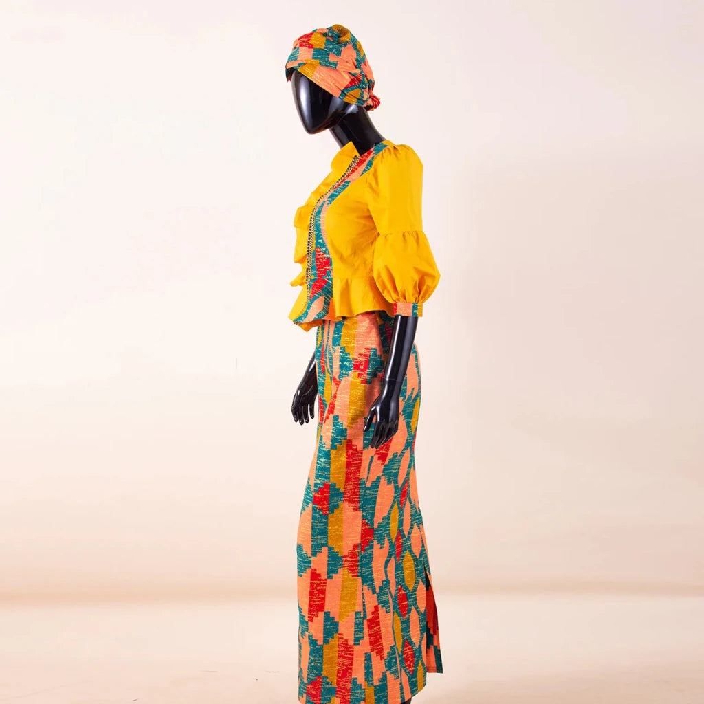 Elegant African Skirt Set – Lantern Sleeve Ruffled Top, Slim Skirt & Matching Headwrap - Free Delivery Worldwide only at Flexi Africa