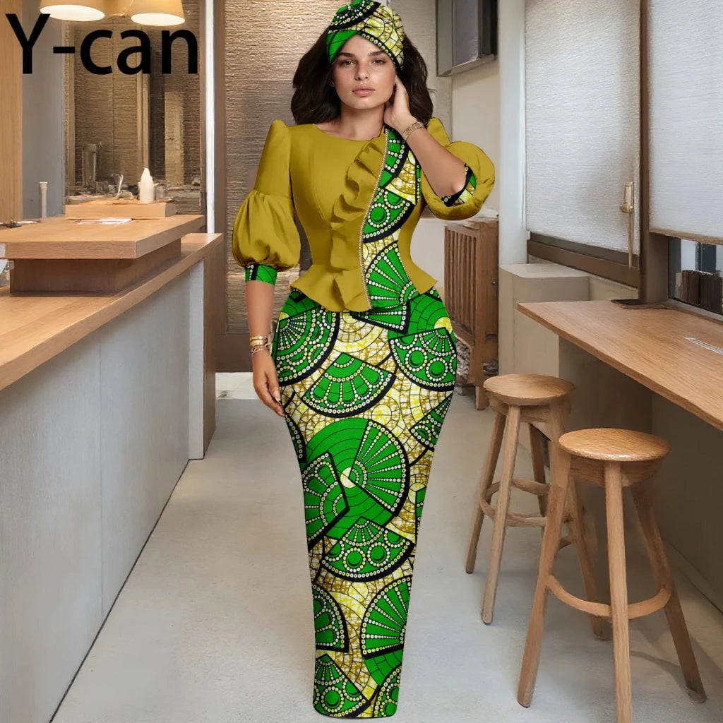 Elegant African Skirt Set – Lantern Sleeve Ruffled Top, Slim Skirt & Matching Headwrap - Free Delivery Worldwide only at Flexi Africa