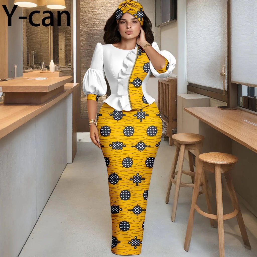 Elegant African Skirt Set – Lantern Sleeve Ruffled Top, Slim Skirt & Matching Headwrap - Free Delivery Worldwide only at Flexi Africa