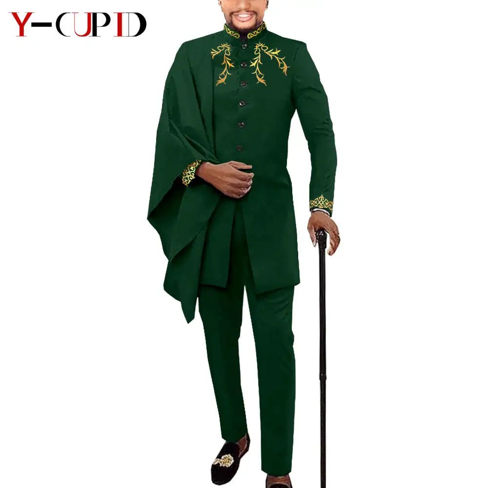Elegant African Wedding Couple Outfits – Women's Slim Fit Mermaid Dress & Men's Bazin Riche Jacket Pant Set with Hat - Free Delivery Worldwide only at Flexi Africa