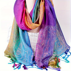 Elegant Jacquard Satin Paisley Scarf: Boho Rainbow Gradient Tassel Shawl - Trendy Windproof Warm Wrap - Free Delivery Worldwide only at Flexi Africa