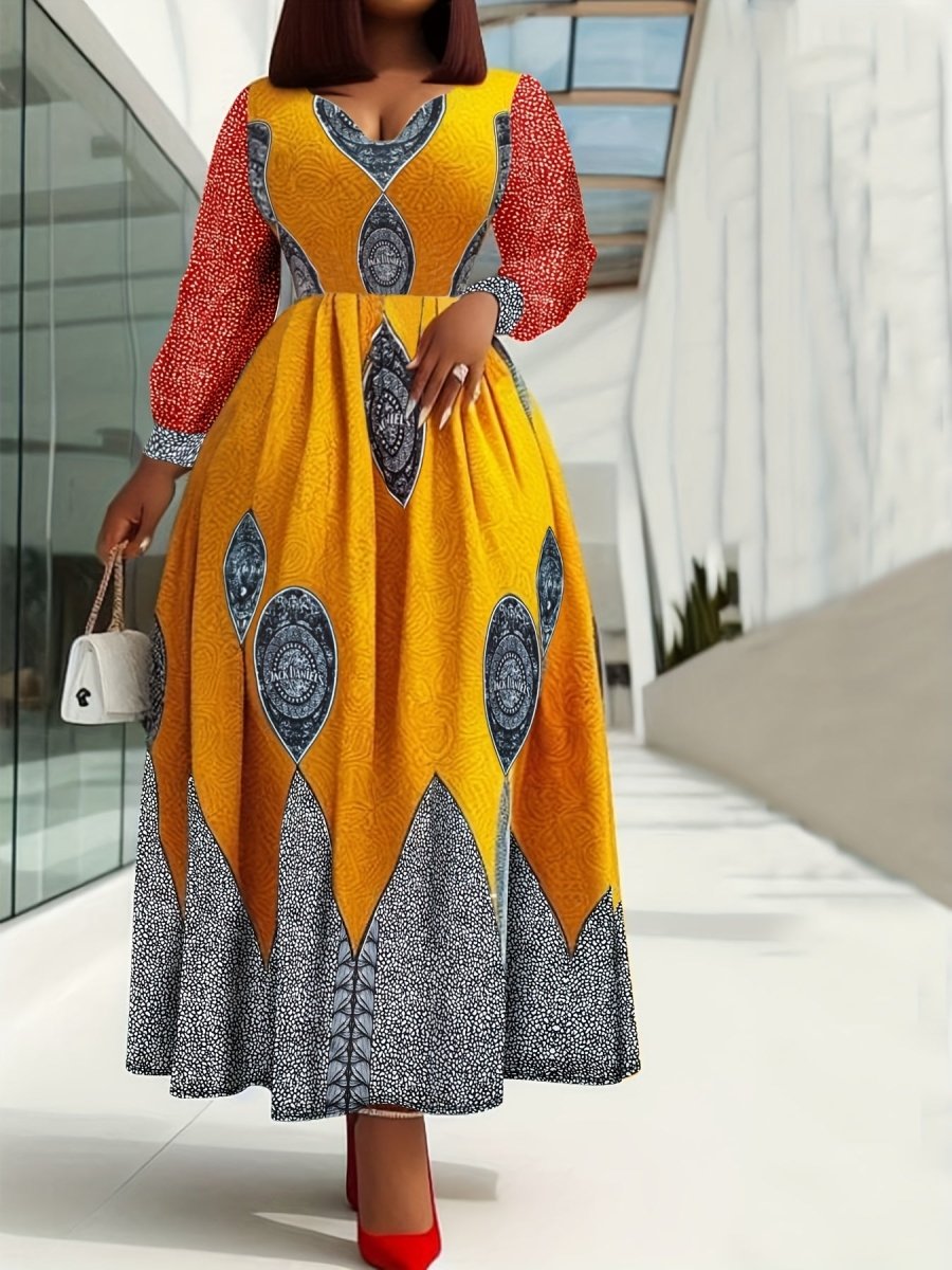 Elegant V - Neck Fit and Flare Maxi Dress with Pockets - Long Sleeve Printed Spandex Blend Dress - Free Delivery Worldwide only at Flexi Africa